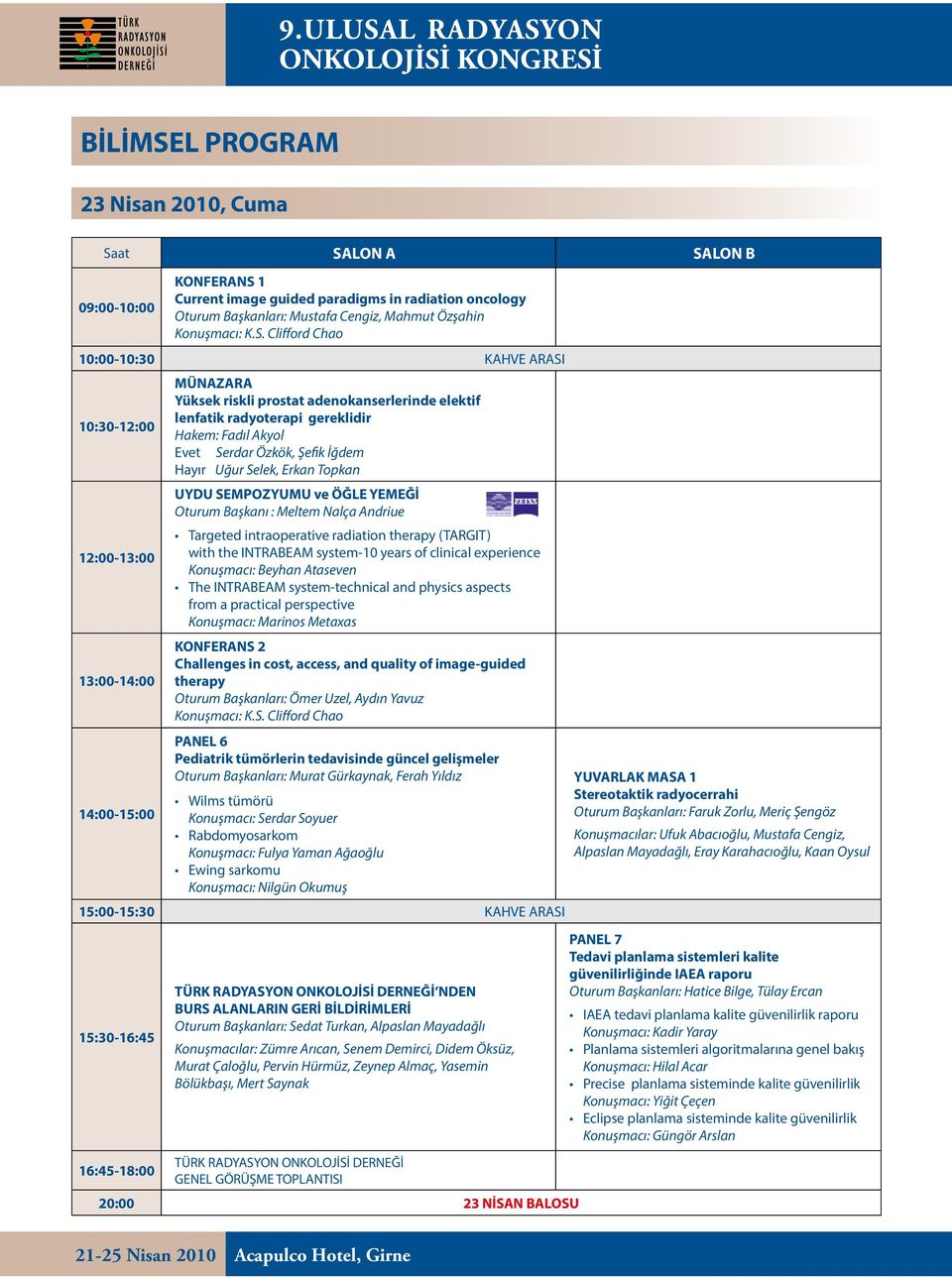 at SALON A SALON B 09:00-0:00 KONFERANS Current image guided paradigms in radiation oncology Oturum Başkanları: Mustafa Cengiz, Mahmut Özşahin Konuşmacı: K.S. Clifford Chao 0:00-0:30 KAHVE ARASI