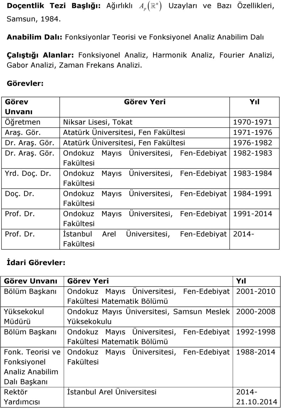 Frekans Analizi. Görevler: Görev Unvanı Görev Yeri Öğretmen Niksar Lisesi, Tokat 1970-1971 Araş. Gör. Atatürk Üniversitesi, Fen Fakültesi 1971-1976 Dr. Araş. Gör. Atatürk Üniversitesi, Fen Fakültesi 1976-1982 Dr.