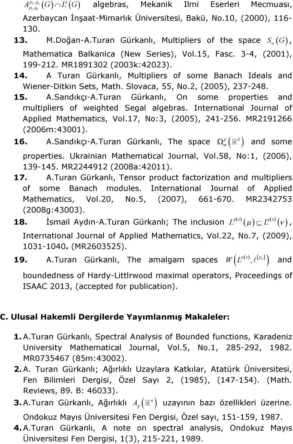 A Turan Gürkanlı, Multipliers of some Banach Ieals an Wiener-Ditkin Sets, Math. Slovaca, 55, No.2, (2005), 237-248. 15. A.Sanıkçı-A.