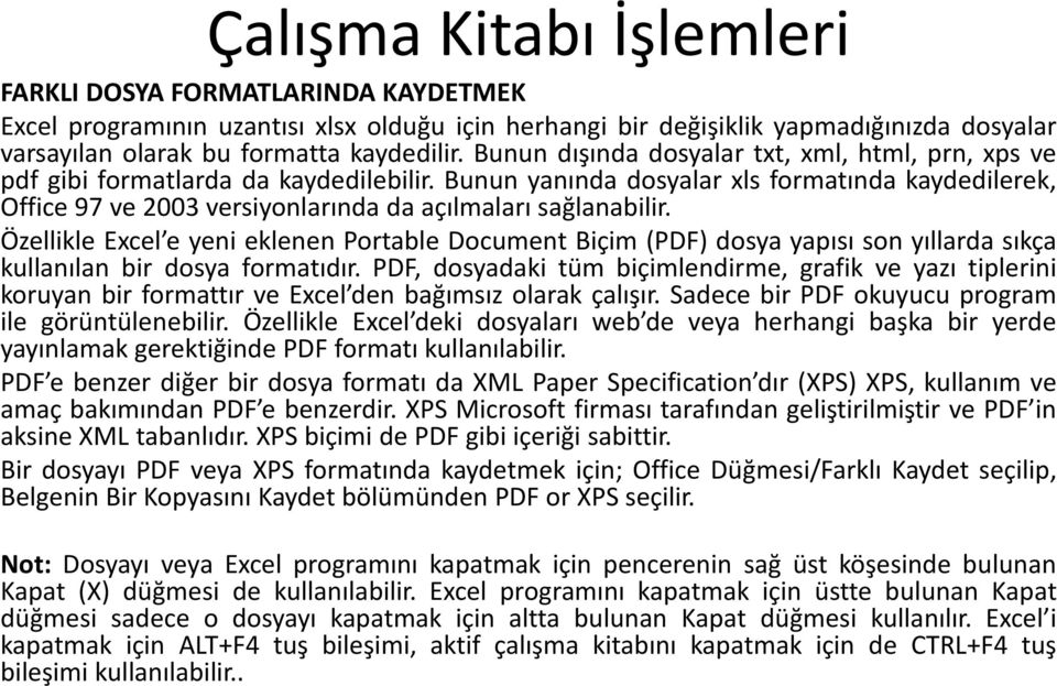 Bunun yanında dosyalar xls formatında kaydedilerek, Office 97 ve 2003 versiyonlarında da açılmaları sağlanabilir.