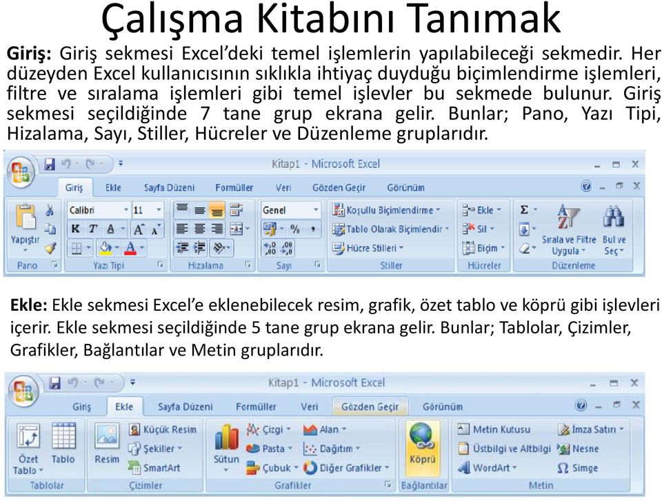 Giriş sekmesi seçildiğinde 7 tane grup ekrana gelir. Bunlar; Pano, Yazı Tipi, Hizalama, Sayı, Stiller, Hücreler ve Düzenleme gruplarıdır.