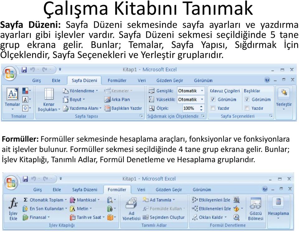 Bunlar; Temalar, Sayfa Yapısı, Sığdırmak İçin Ölçeklendir, Sayfa Seçenekleri ve Yerleştir gruplarıdır.