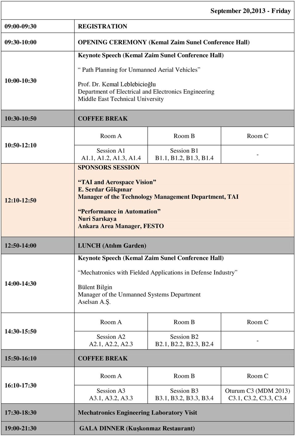 Kemal Leblebicioğlu Department of Electrical and Electronics Engineering Middle East Technical University 10:30-10:50 COFFEE BREAK 10:50-12:10 12:10-12:50 Room A Room B Room C Session A1 A1.1, A1.