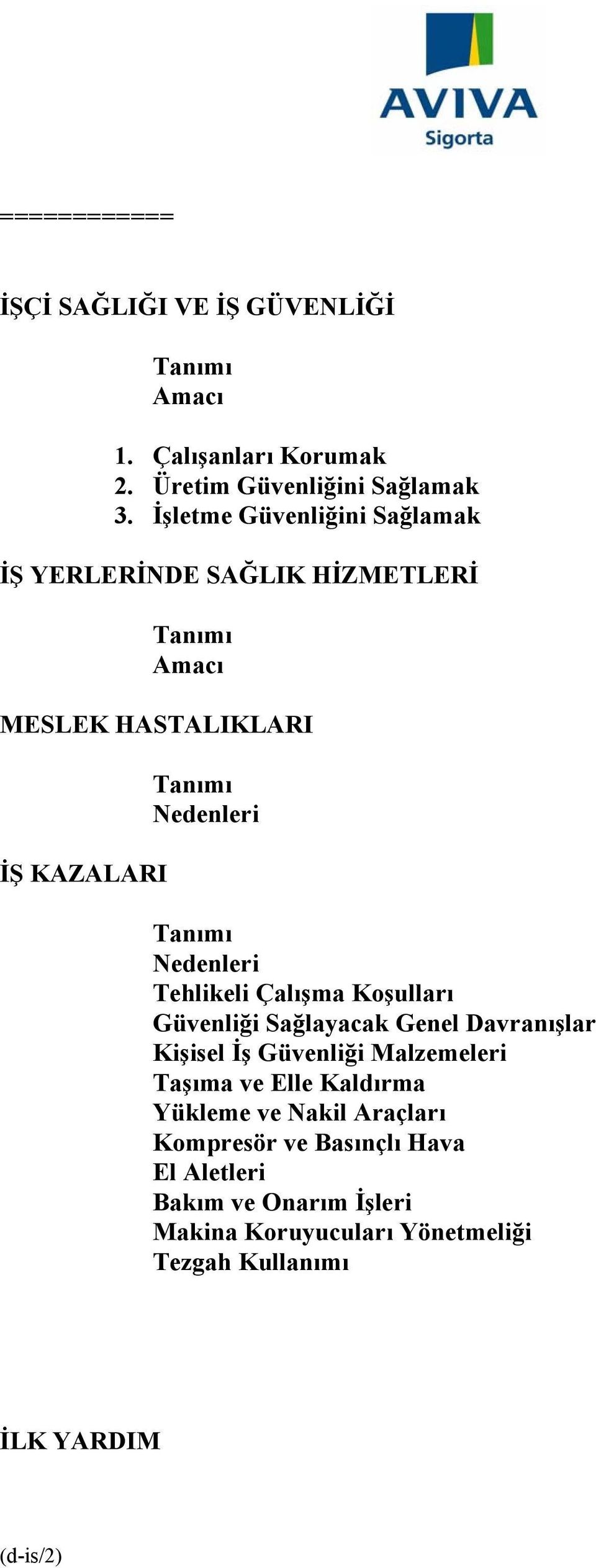 Tehlikeli Çalışma Koşulları Güvenliği Sağlayacak Genel Davranışlar Kişisel İş Güvenliği Malzemeleri Taşıma ve Elle Kaldırma