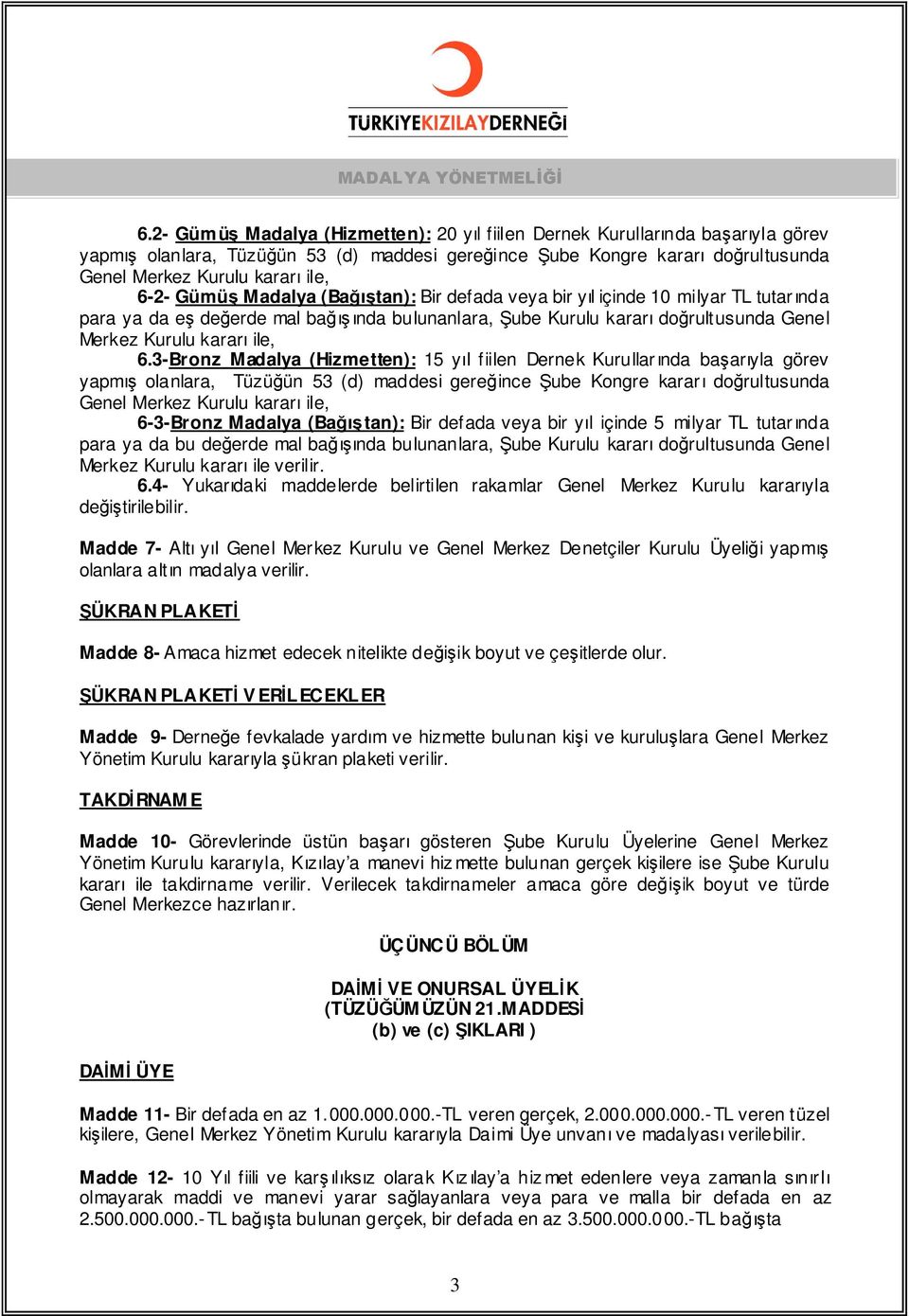 3-Bronz Madalya (Hizmetten): 15 yıl fiilen Dernek Kurullarında başarıyla görev 6-3-Bronz Madalya (Bağıştan): Bir defada veya bir yıl içinde 5 milyar TL tutarında para ya da bu değerde mal bağışında