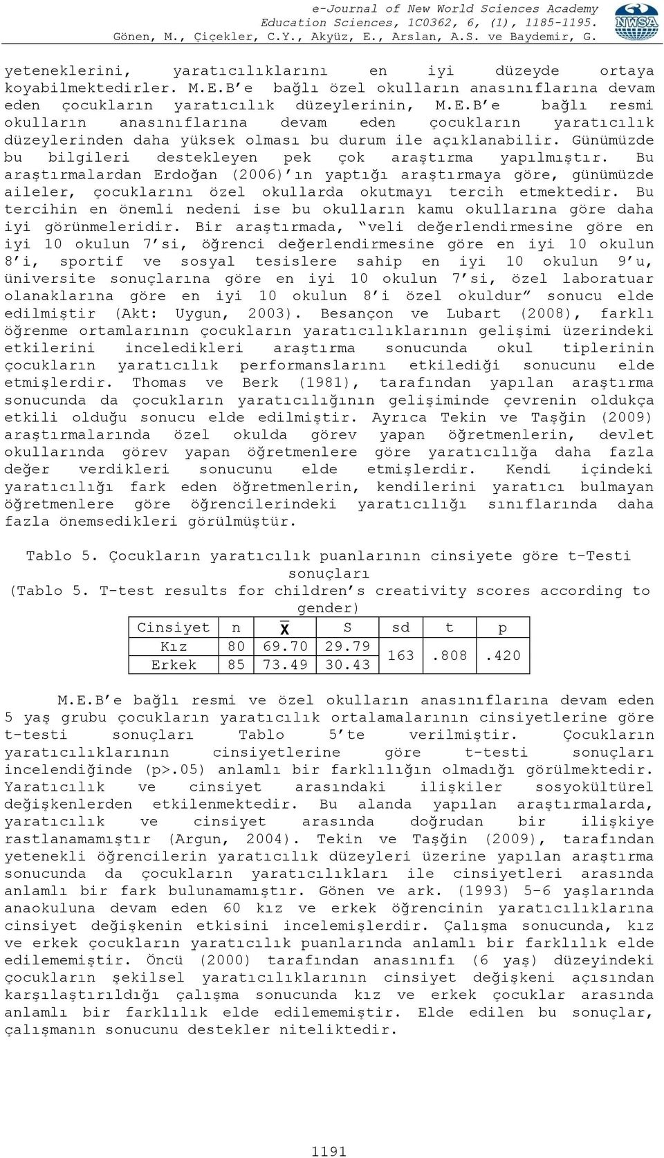 B e bağlı resmi okulların anasınıflarına devam eden çocukların yaratıcılık düzeylerinden daha yüksek olması bu durum ile açıklanabilir.