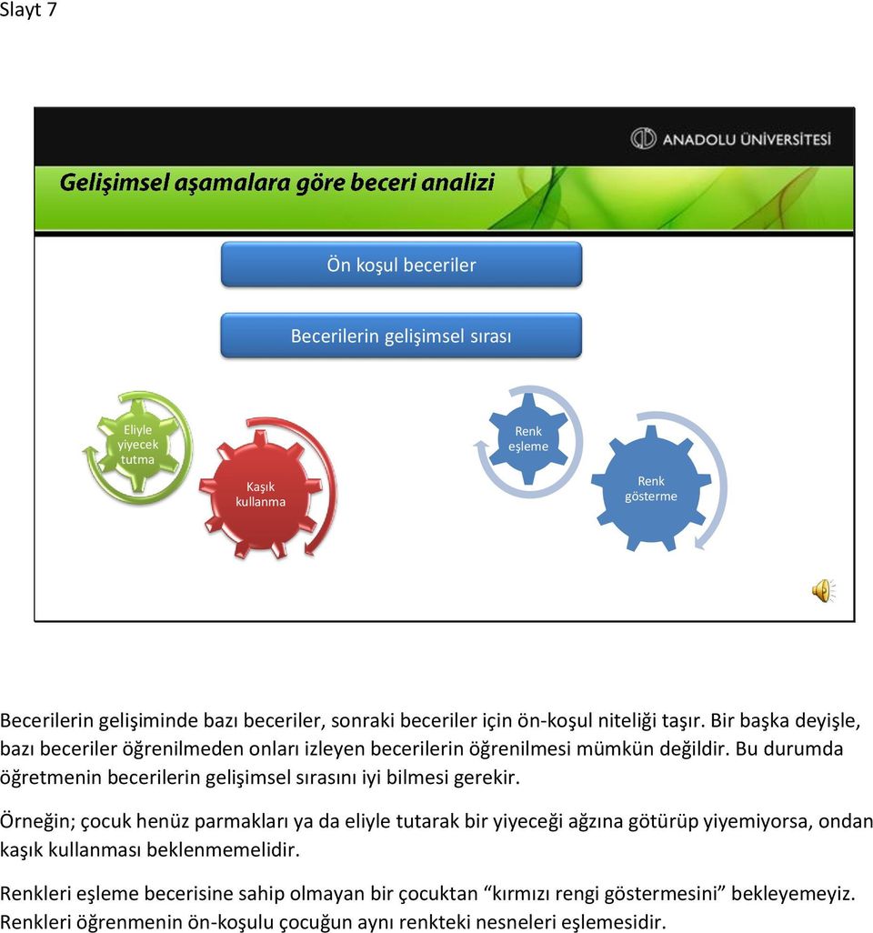 Bu durumda öğretmenin becerilerin gelişimsel sırasını iyi bilmesi gerekir.