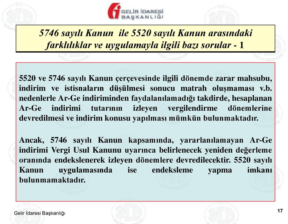 nedenlerle Ar-Ge indiriminden faydalanılamadığı takdirde, hesaplanan Ar-Ge indirimi tutarının izleyen vergilendirme dönemlerine devredilmesi ve indirim konusu yapılması