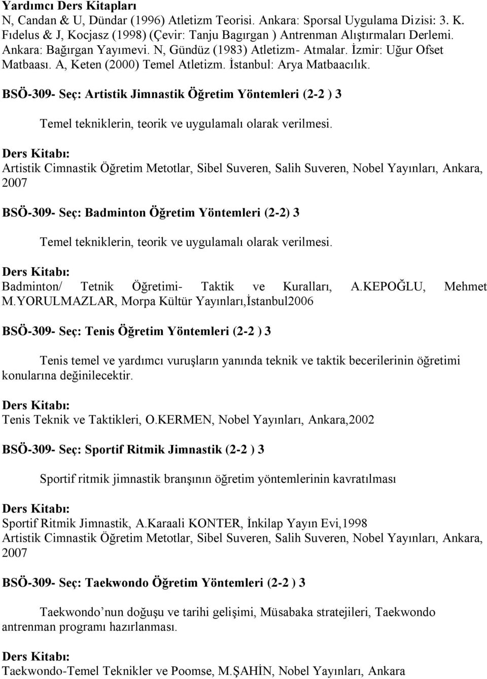 -309- Seç: Artistik Jimnastik Öğretim Yöntemleri (2-2 ) 3 Artistik Cimnastik Öğretim Metotlar, Sibel Suveren, Salih Suveren, Nobel Yayınları, Ankara, 2007-309- Seç: Badminton Öğretim Yöntemleri (2-2)