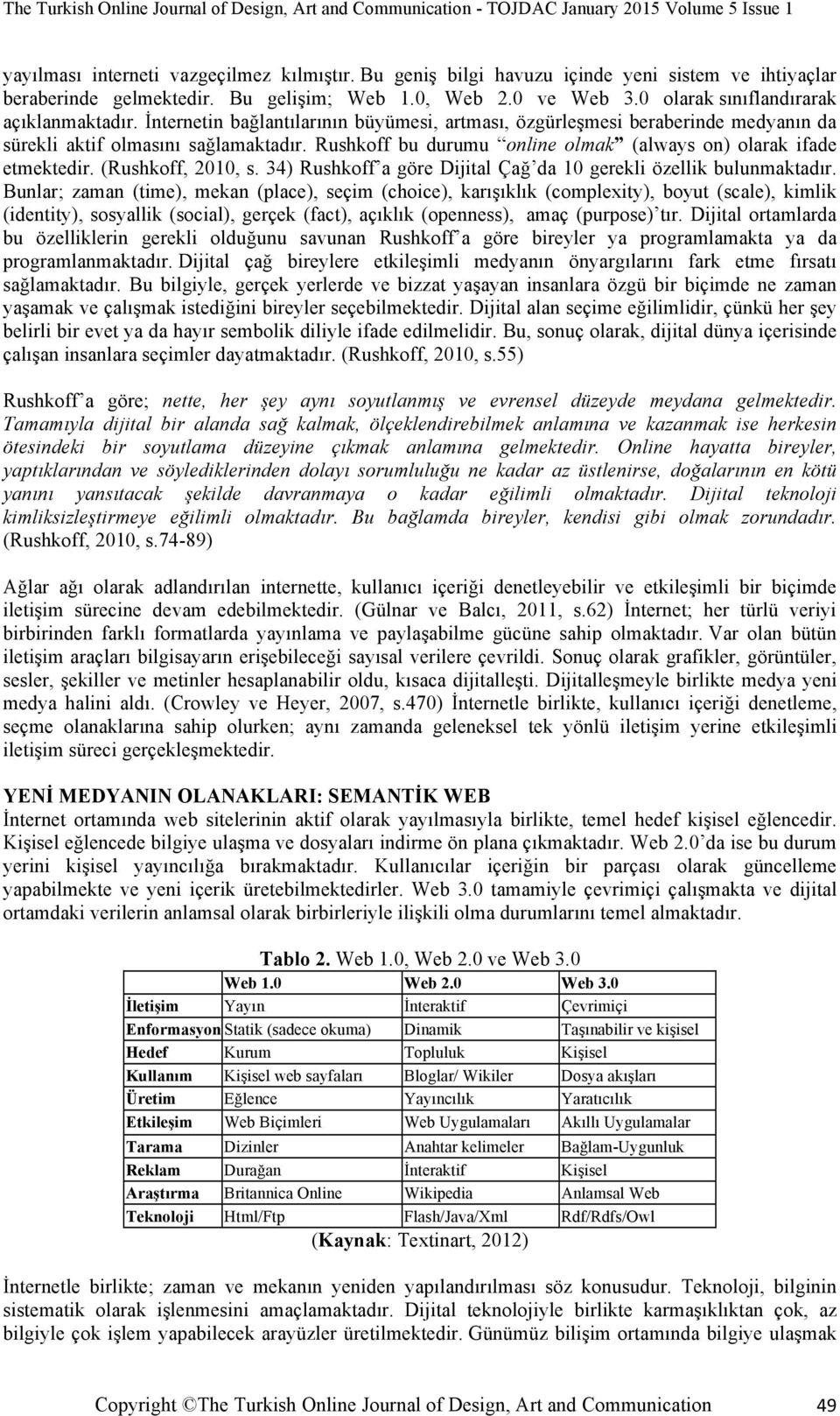 Rushkoff bu durumu online olmak (always on) olarak ifade etmektedir. (Rushkoff, 2010, s. 34) Rushkoff a göre Dijital Çağ da 10 gerekli özellik bulunmaktadır.