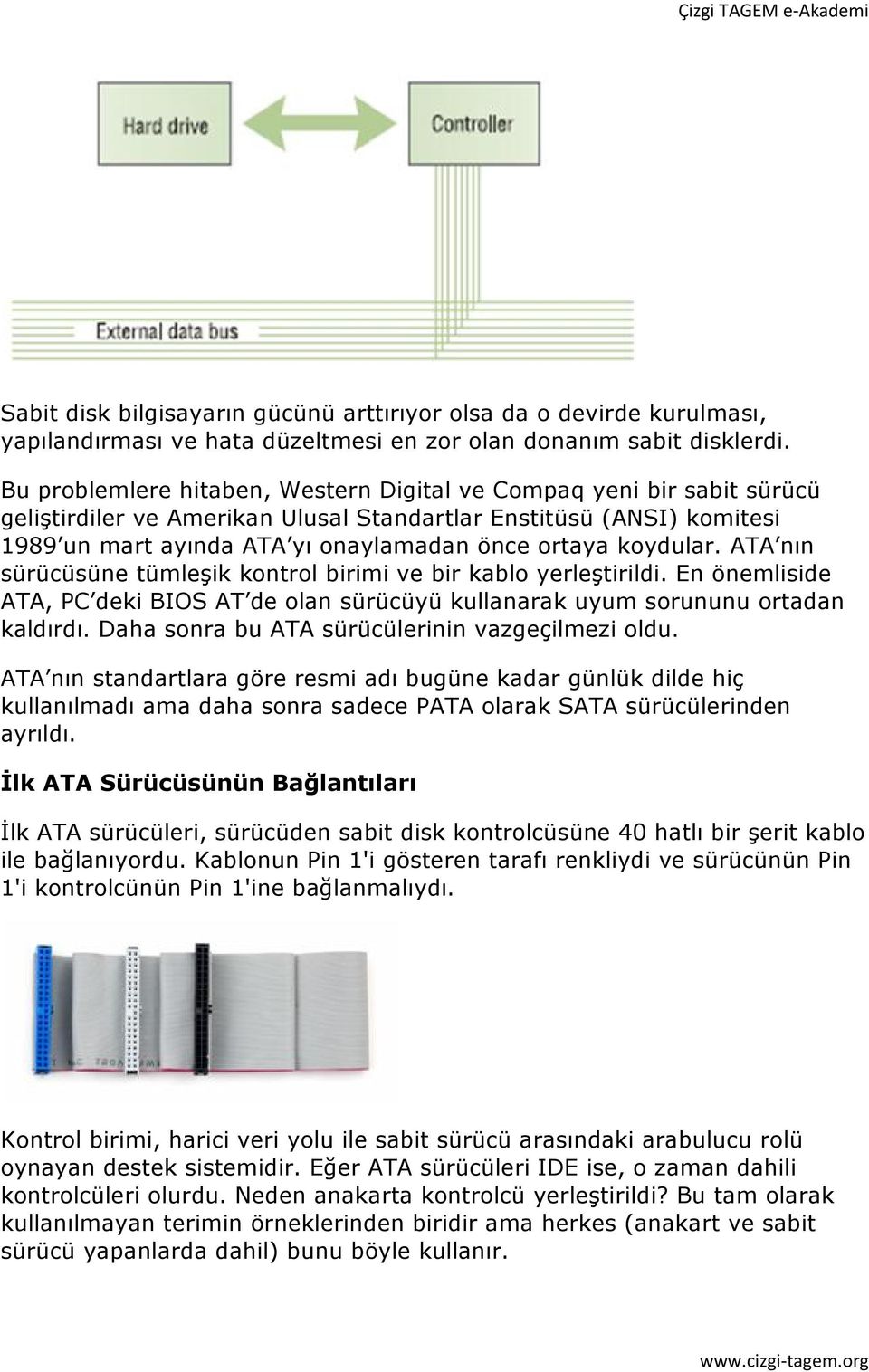 koydular. ATA nın sürücüsüne tümleşik kontrol birimi ve bir kablo yerleştirildi. En önemliside ATA, PC deki BIOS AT de olan sürücüyü kullanarak uyum sorununu ortadan kaldırdı.