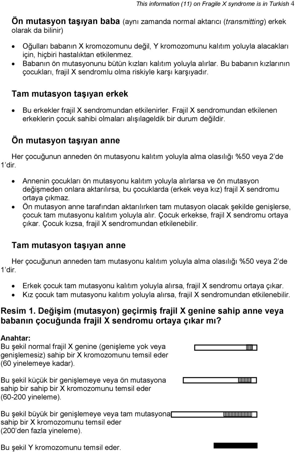 Bu babanın kızlarının çocukları, frajil X sendromlu olma riskiyle karşı karşıyadır. Tam mutasyon taşıyan erkek Bu erkekler frajil X sendromundan etkilenirler.