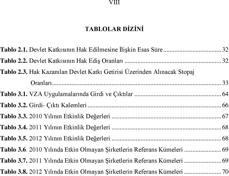 .. 68 Tablo 3.5. 2012 Yılının Etkinlik Değerleri... 68 Tablo 3.6. 2010 Yılında Etkin Olmayan Şirketlerin Referans Kümeleri... 69 Tablo 3.7.