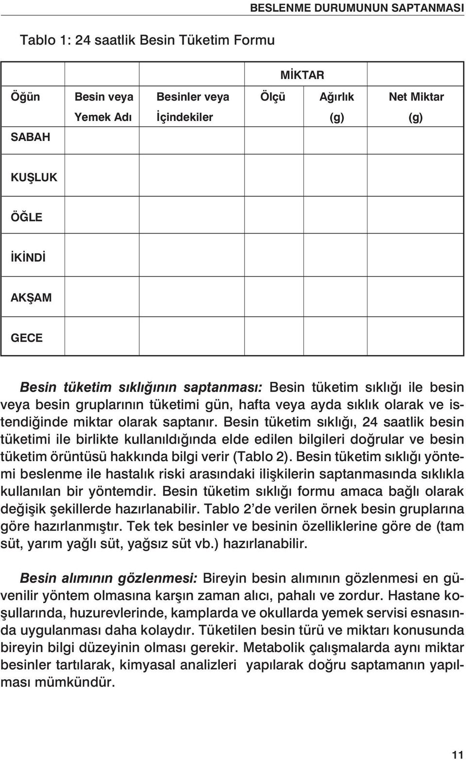 Besin tüketim sıklığı, 24 saatlik besin tüketimi ile birlikte kullanıldığında elde edilen bilgileri doğrular ve besin tüketim örüntüsü hakkında bilgi verir (Tablo 2).