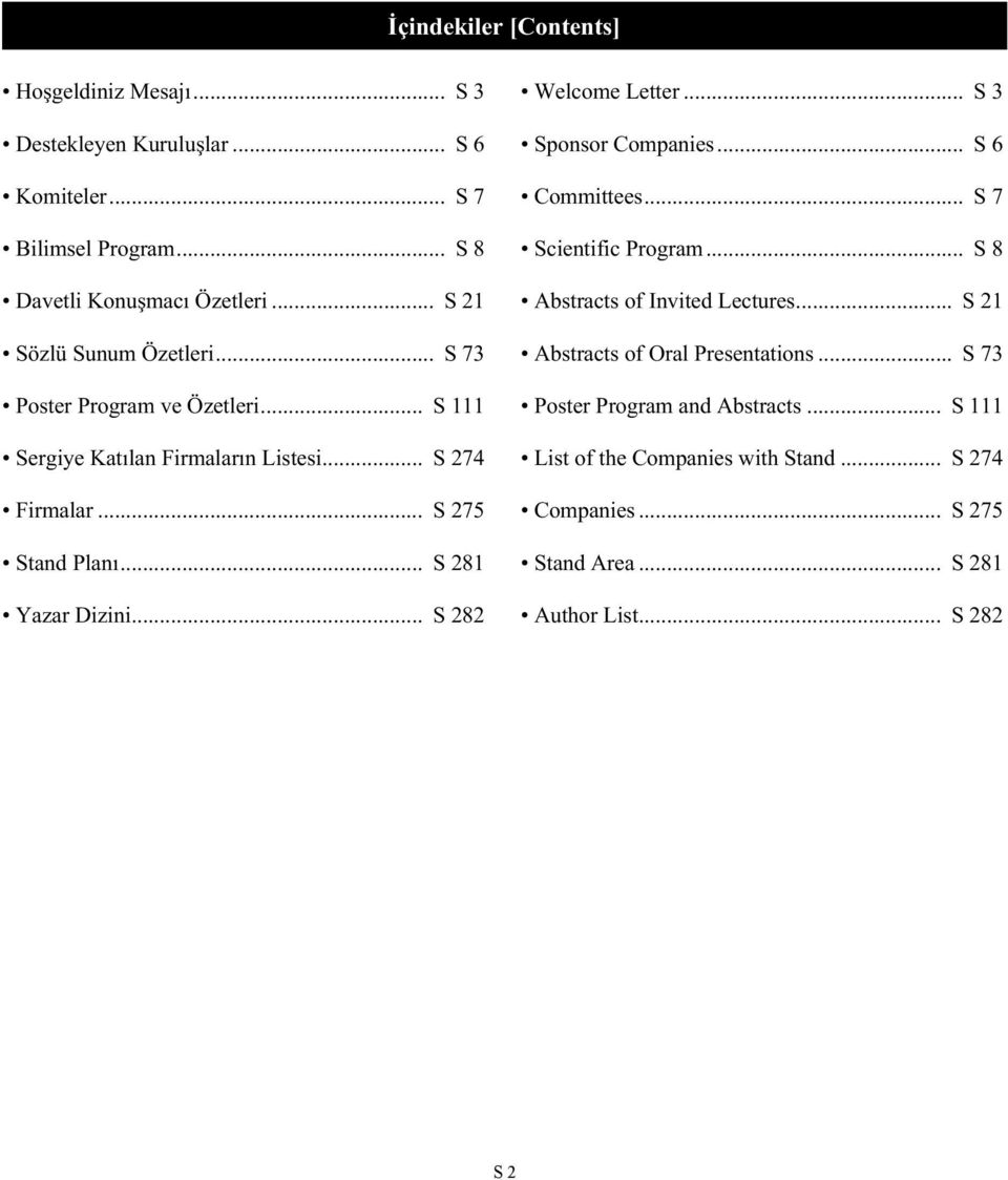.. S 281 Yazar Dizini... S 282 Welcome Letter... S 3 Sponsor Companies... S 6 Committees... S 7 Scientific Program... S 8 Abstracts of Invited Lectures.