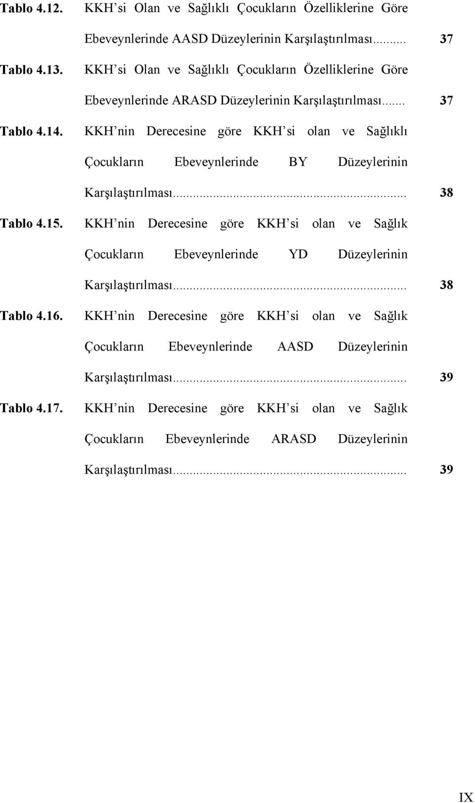 KKH nin Derecesine göre KKH si olan ve Sağlıklı Çocukların Ebeveynlerinde BY Düzeylerinin Karşılaştırılması... 38 Tablo 4.15.