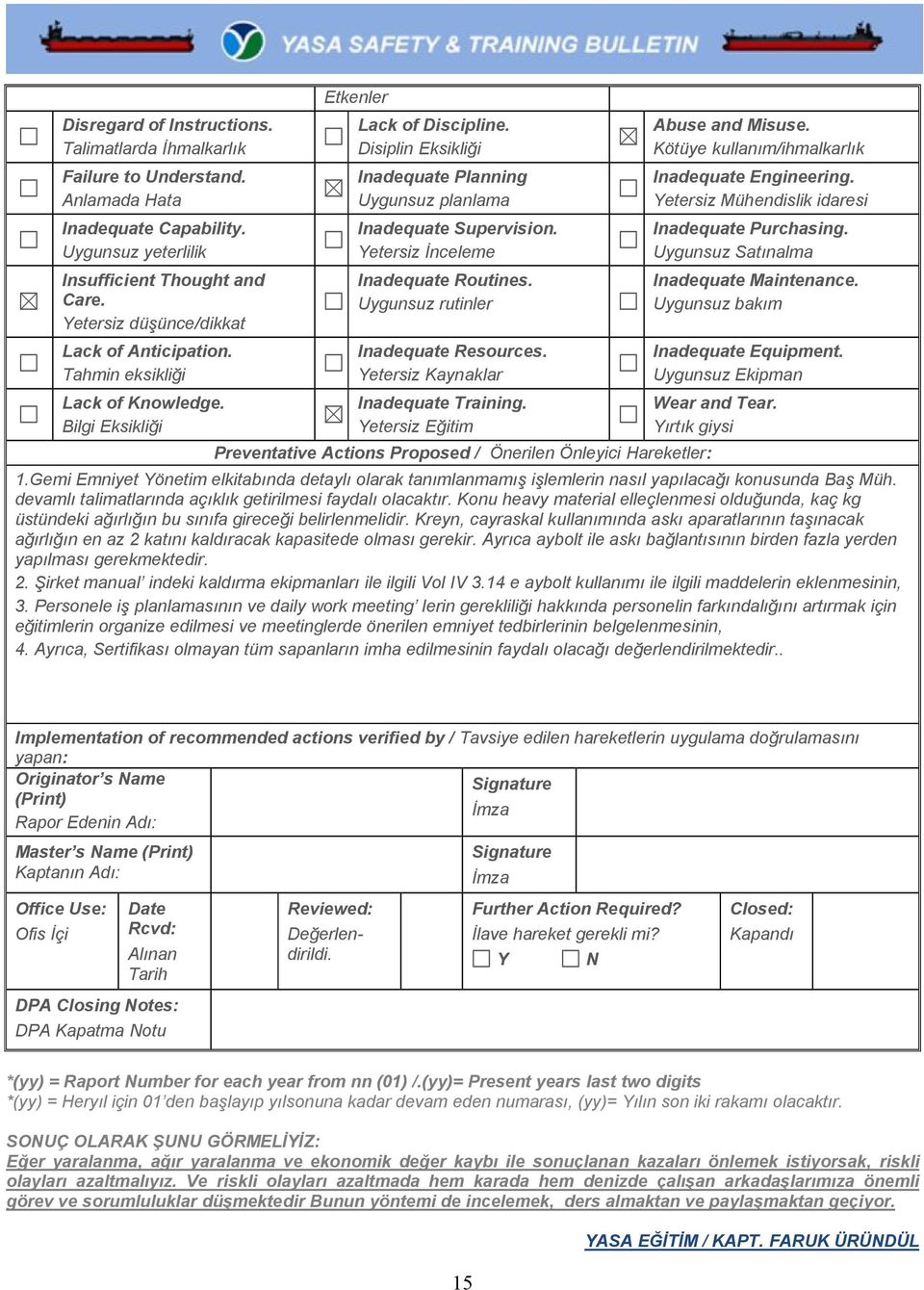 Disiplin Eksikliği Inadequate Planning Uygunsuz planlama Inadequate Supervision. Yetersiz İnceleme Inadequate Routines. Uygunsuz rutinler Inadequate Resources. Yetersiz Kaynaklar Inadequate Training.