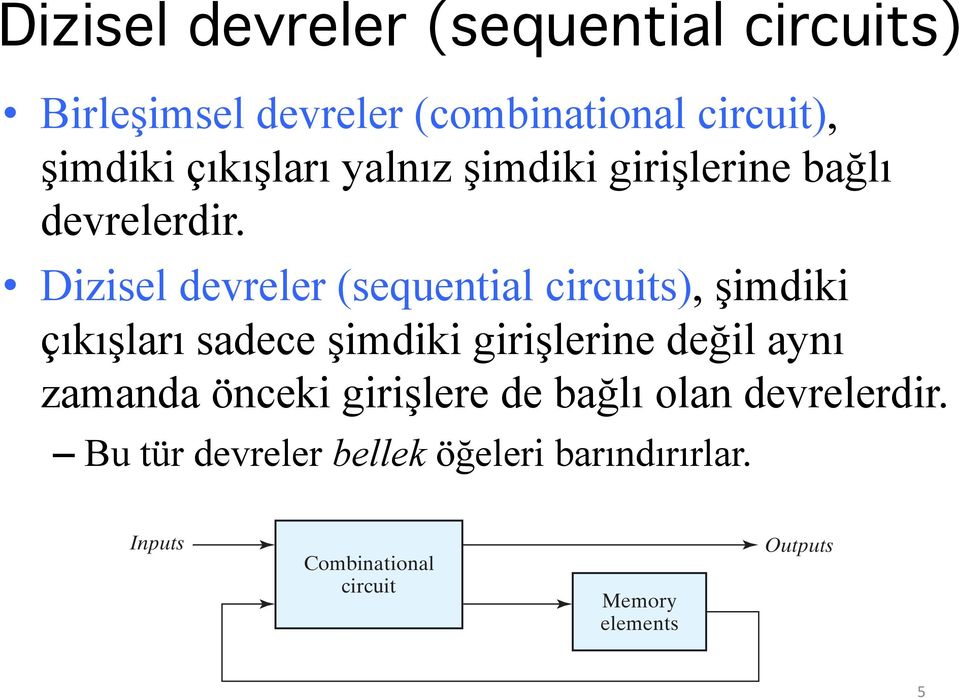 Dizisel devreler (sequential circuits), şidiki çıkışları sadece şidiki girişlerine değil aynı