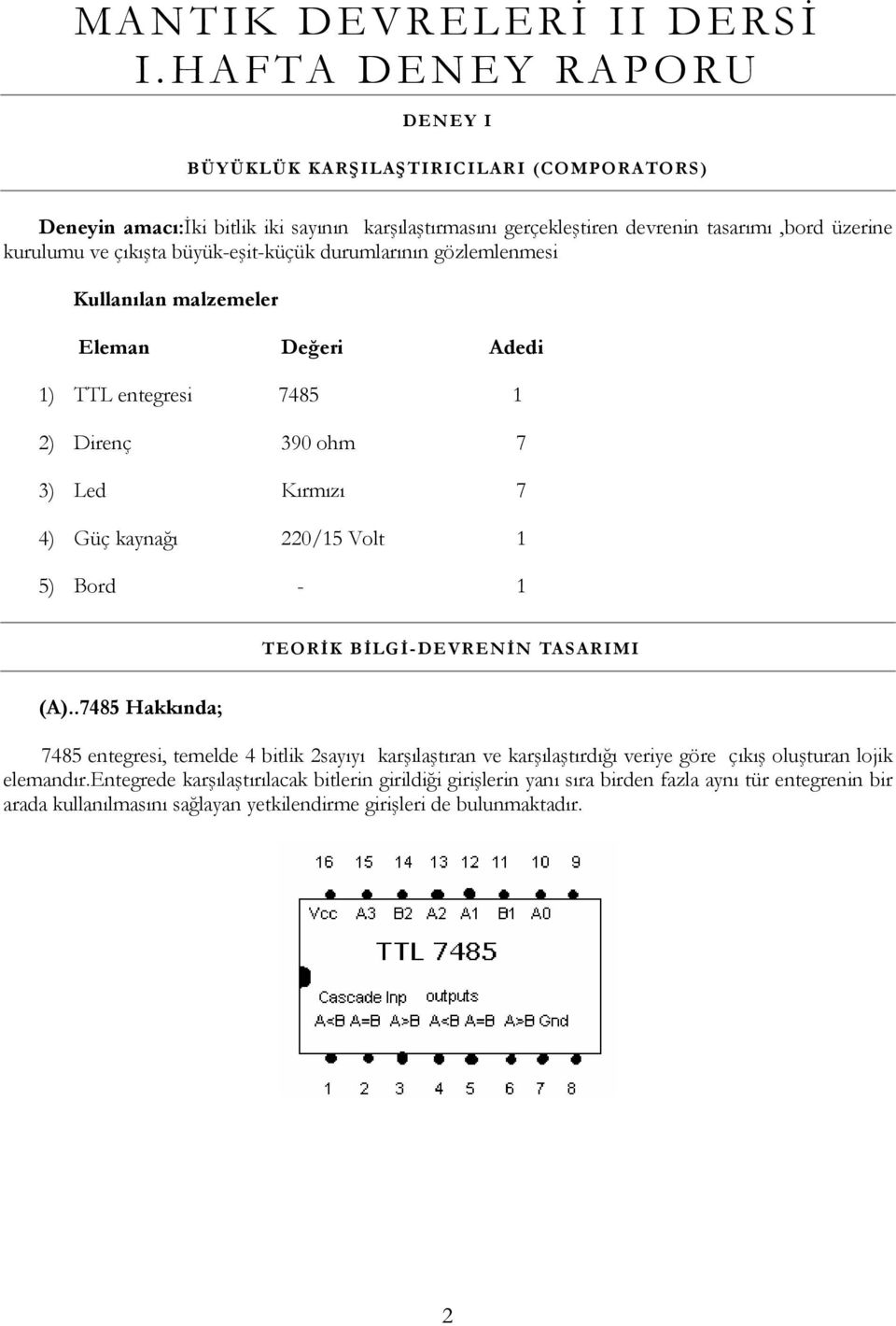 çıkışta büyük-eşit-küçük durumlarının gözlemlenmesi Kullanılan malzemeler Eleman Değeri Adedi 1) TTL entegresi 7485 1 2) Direnç 390 ohm 7 3) Led Kırmızı 7 4) Güç kaynağı 220/15 Volt 1 5) Bord - 1