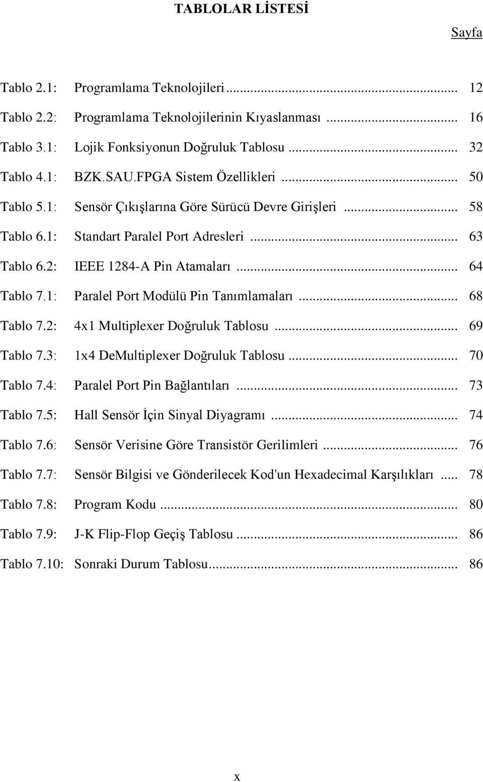 1: Paralel Port Modülü Pin Tanımlamaları... 68 Tablo 7.2: 4x1 Multiplexer Doğruluk Tablosu... 69 Tablo 7.3: 1x4 DeMultiplexer Doğruluk Tablosu... 70 Tablo 7.4: Paralel Port Pin Bağlantıları.