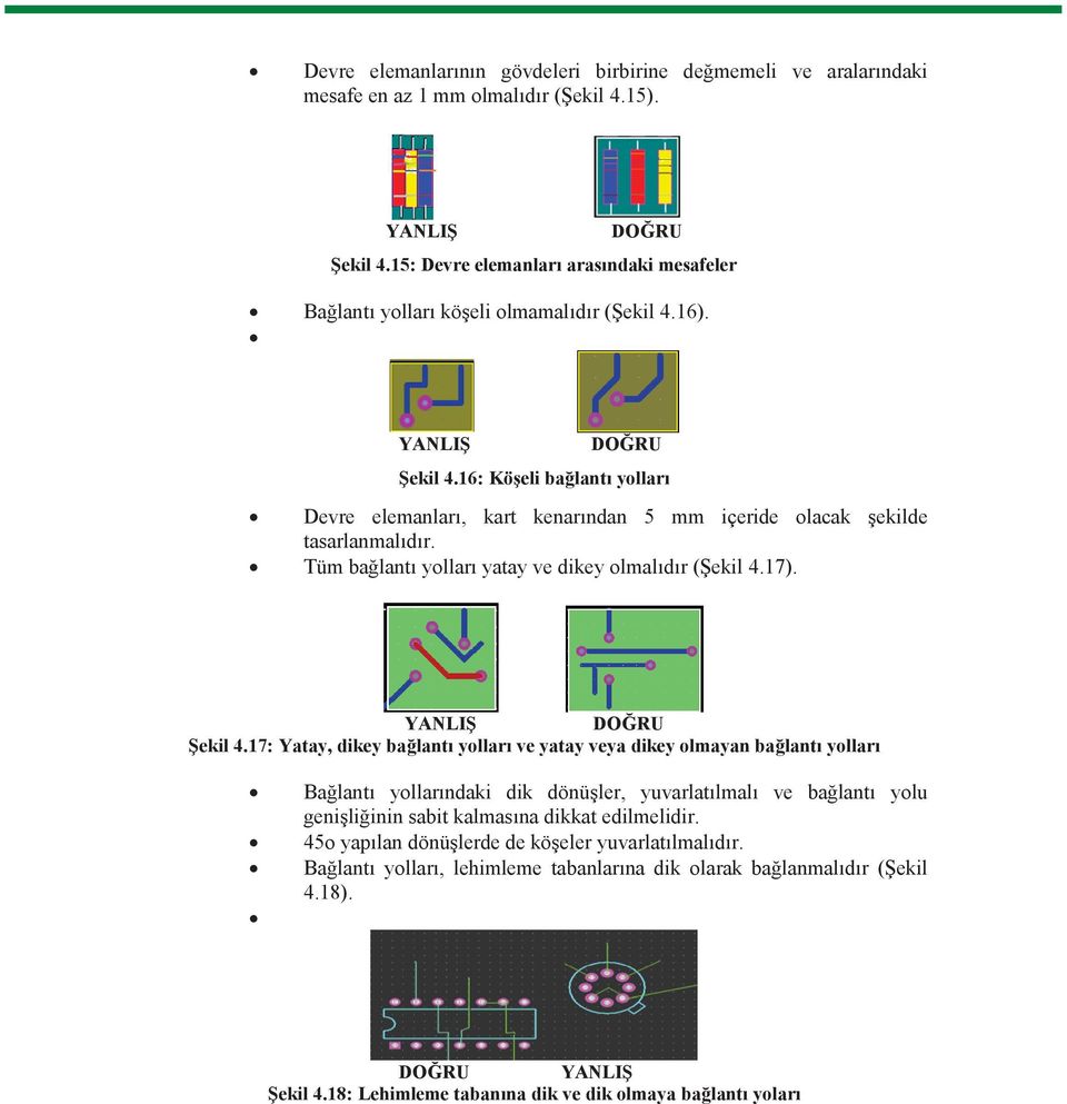 16: Kö eli ba lant yollar Devre elemanlar, kart kenar ndan 5 mm içeride olacak ekilde tasarlanmal d r. Tüm ba lant yollar yatay ve dikey olmal d r ( ekil 4.17). YANLI DO RU ekil 4.