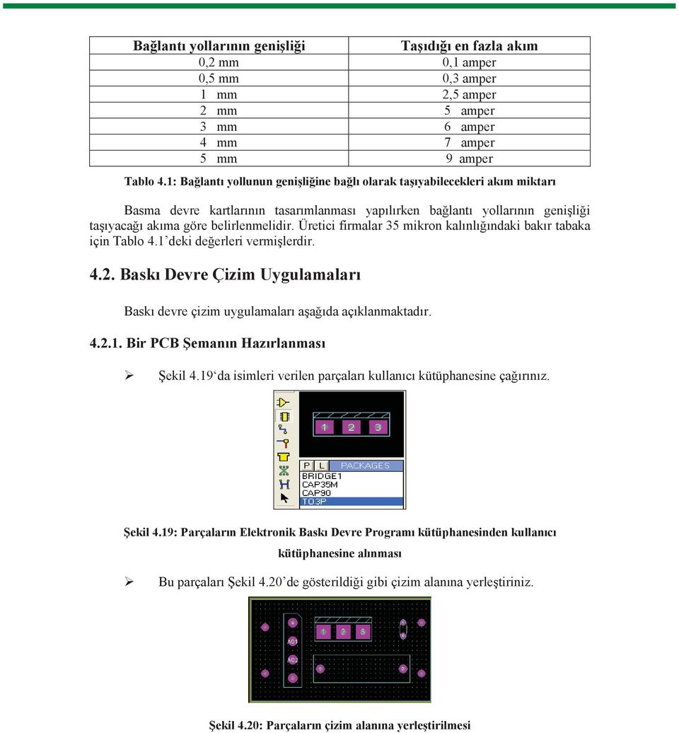 Üretici firmalar 35 mikron kal nl ndaki bak r tabaka için Tablo 4.1 deki de erleri vermi lerdir. 4.2. Bask Devre Çizim Uygulamalar Bask devre çizim uygulamalar a a da aç klanmaktad r. 4.2.1. Bir PCB eman n Haz rlanmas ekil 4.