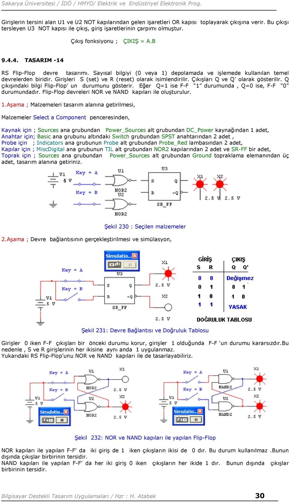 Girişleri S (set) ve R (reset) olarak isimlendirilir. Çıkışları Q ve Q olarak gösterilir. Q çıkışındaki bilgi Flip-Flop un durumunu gösterir. Eğer Q=1 ise F-F 1 durumunda, Q=0 ise, F-F 0 durumundadır.