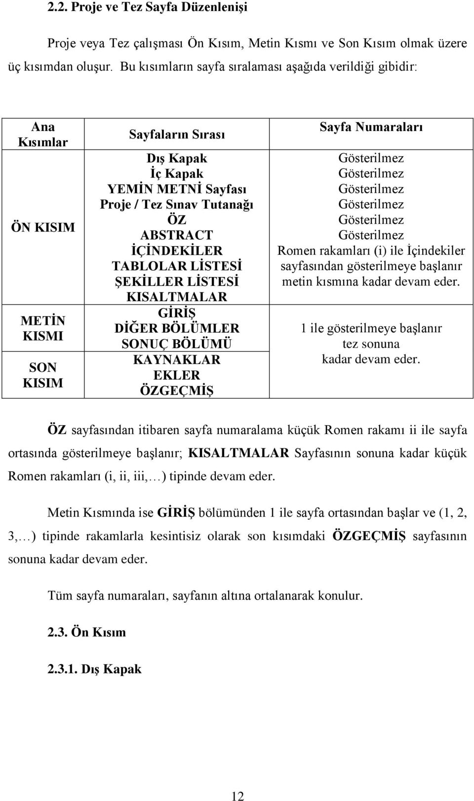 İÇİNDEKİLER TABLOLAR LİSTESİ ŞEKİLLER LİSTESİ KISALTMALAR GİRİŞ DİĞER BÖLÜMLER SONUÇ BÖLÜMÜ KAYNAKLAR EKLER ÖZGEÇMİŞ Sayfa Numaraları Gösterilmez Gösterilmez Gösterilmez Gösterilmez Gösterilmez