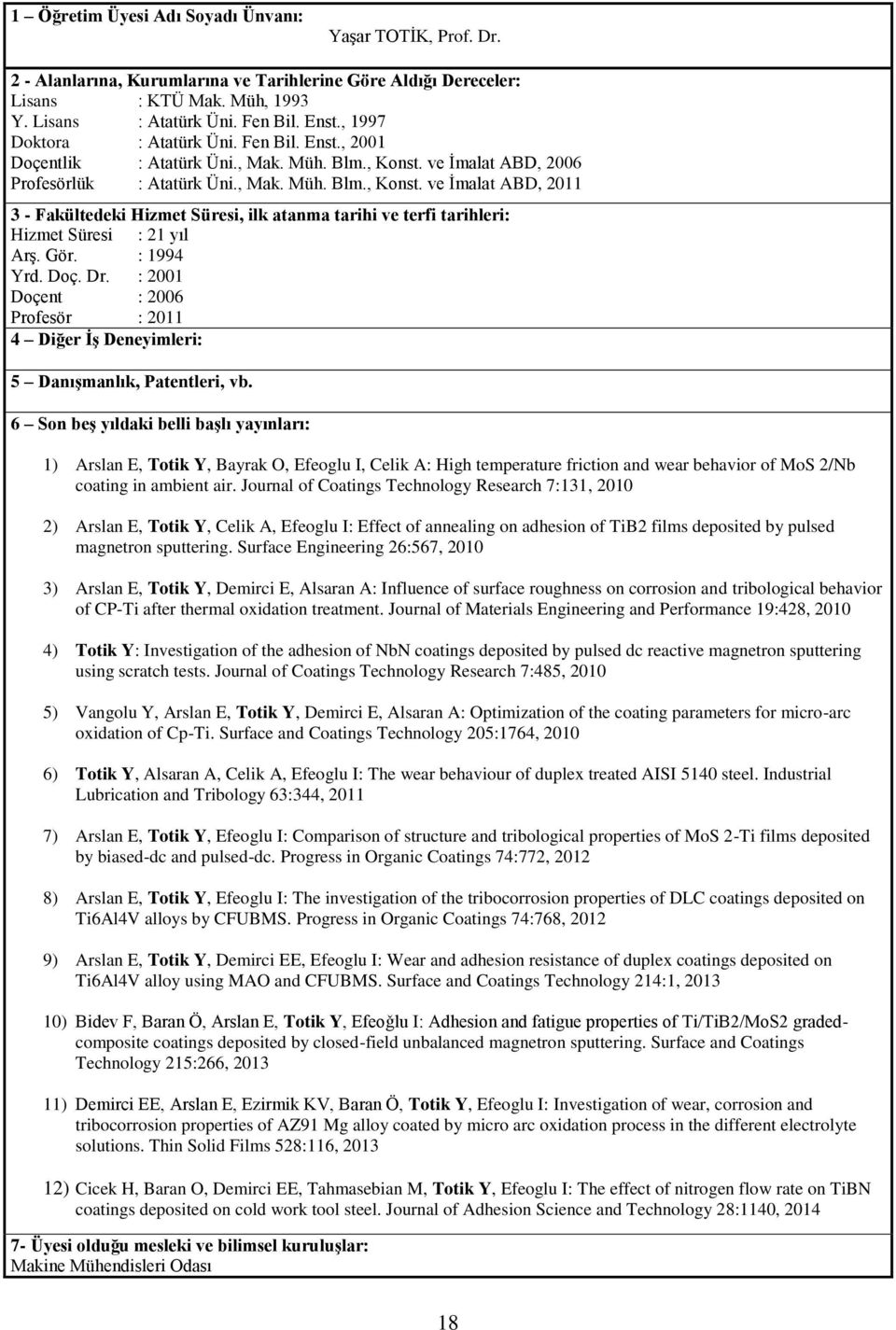 : 2001 Doçent : 2006 Profesör : 2011 1) Arslan E, Totik Y, Bayrak O, Efeoglu I, Celik A: High temperature friction and wear behavior of MoS 2/Nb coating in ambient air.