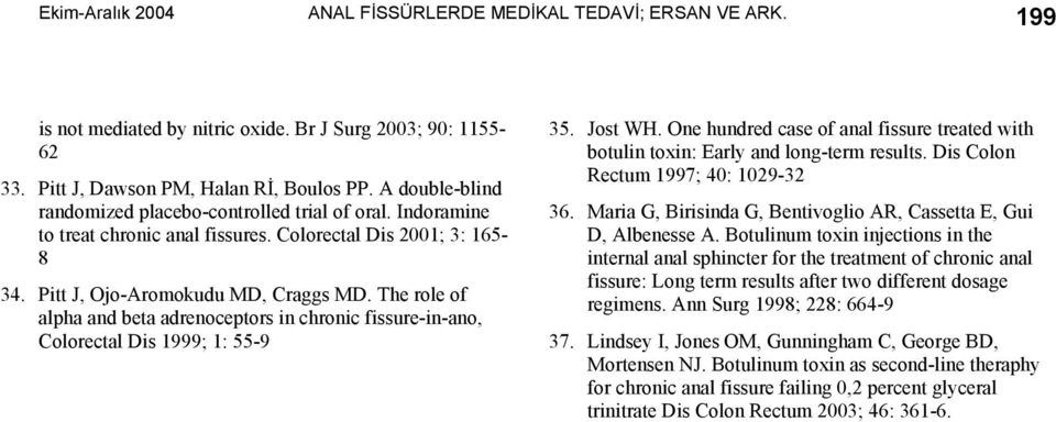 The role of alpha and beta adrenoceptors in chronic fissure-in-ano, Colorectal Dis 1999; 1: 55-9 35. Jost WH. One hundred case of anal fissure treated with botulin toxin: Early and long-term results.