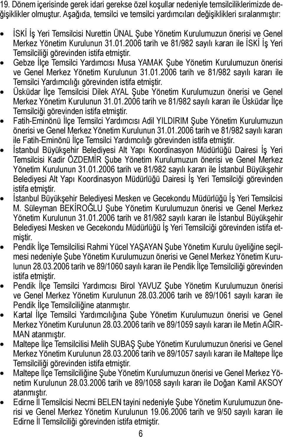 2006 tarih ve 81/982 sayılı kararı ile İSKİ İş Yeri Temsilciliği görevinden istifa etmiştir.