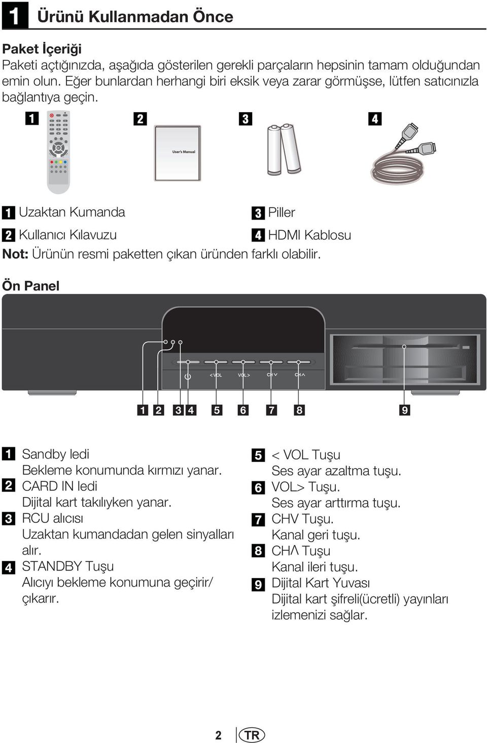 Uzaktan Kumanda Piller Kullan c K lavuzu HDMI Kablosu Not: Ürünün resmi paketten ç kan üründen farkl olabilir. Ön Panel 1 2 3 4 5 6 7 8 9 Sandby ledi Bekleme konumunda kırmızı yanar.