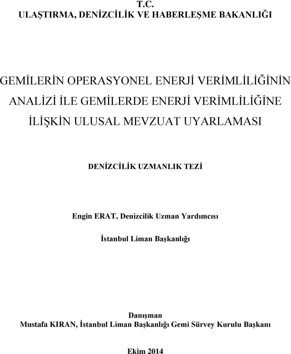 UYARLAMASI DENİZCİLİK UZMANLIK TEZİ Engin ERAT, Denizcilik Uzman Yardımcısı İstanbul