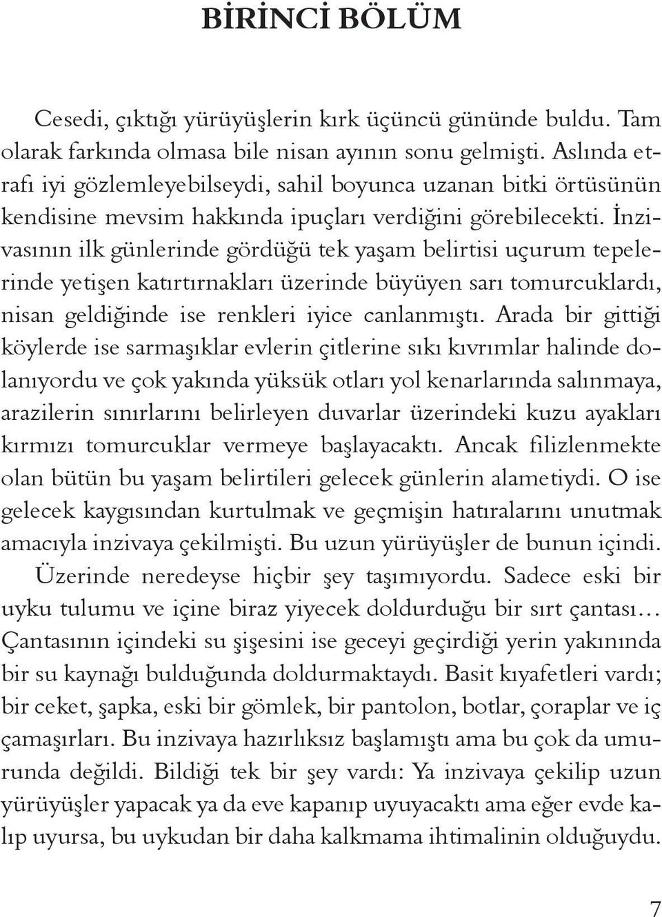 İnzivasının ilk günlerinde gördüğü tek yaşam belirtisi uçurum tepelerinde yetişen katırtırnakları üzerinde büyüyen sarı tomurcuklardı, nisan geldiğinde ise renkleri iyice canlanmıştı.