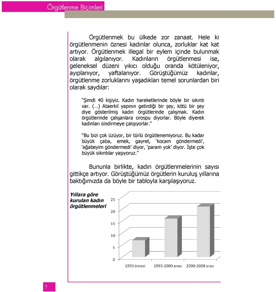 Görüştüğümüz kadınlar, örgütlenme zorluklarını yaşadıkları temel sorunlardan biri olarak saydılar: Şimdi 40 kişiyiz. Kadın hareketlerinde böyle bir sıkıntı var.