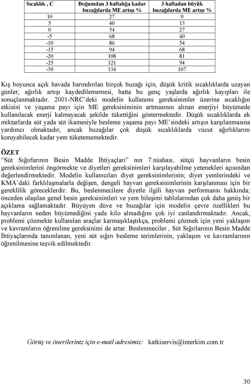 2001-NRC deki modelin kullanımı gereksinimler üzerine sıcaklığın etkisini ve yaşama payı için ME gereksiniminin artmasının alınan enerjiyi büyümede kullanılacak enerji kalmayacak şekilde tükettiğini