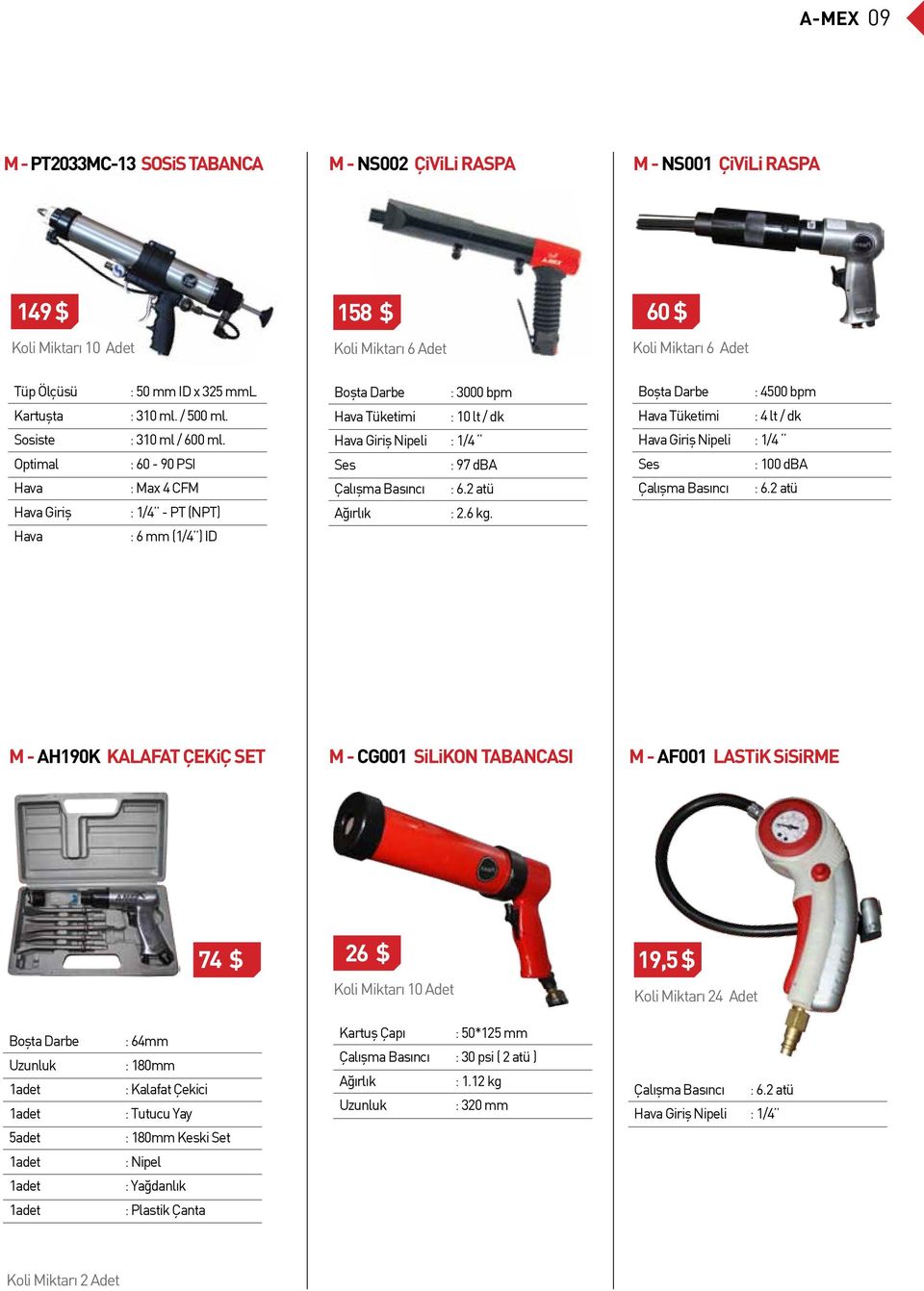 : 60-90 PSI : Max 4 CFM : 1/4 - PT (NPT) : 6 mm (1/4 ) ID Boşta Darbe : 3000 bpm Hava Tüketimi : 10 lt / dk Hava Giriş Nipeli : 1/4 Ses : 97 dba : 2.6 kg.