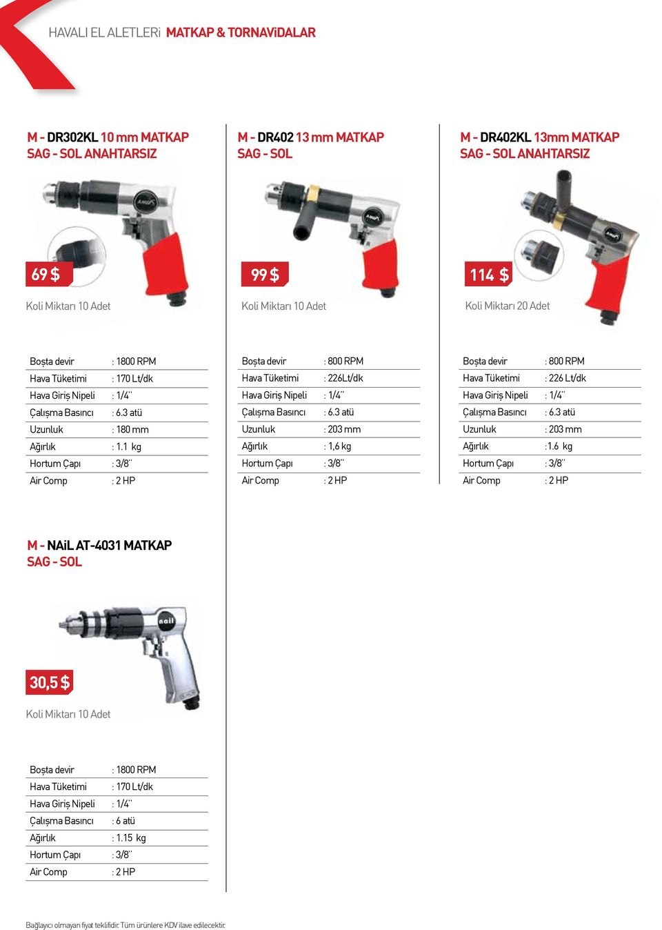 1 kg Hortum Çapı : 3/8 Air Comp : 2 HP Boşta devir : 800 RPM Hava Tüketimi : 226Lt/dk Çalışma Basıncı : 6.