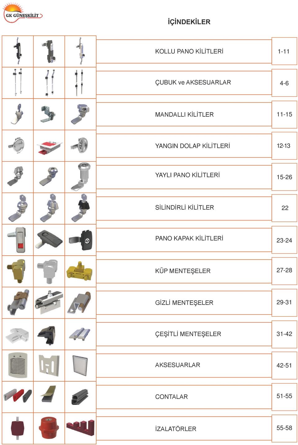 SİLİNDİRLİ KİLİTLER 22 PANO KAPAK KİLİTLERİ 23-24 KÜP MENTEŞELER 27-28 GİZLİ