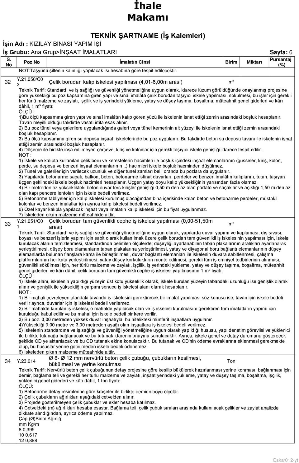 projesine göre yüksekliği bu poz kapsamına giren yapı ve sınai imalâta çelik borudan taşıyıcı iskele yapılması, sökülmesi, bu işler için gerekli her türlü malzeme ve zayiatı, işçilik ve iş yerindeki