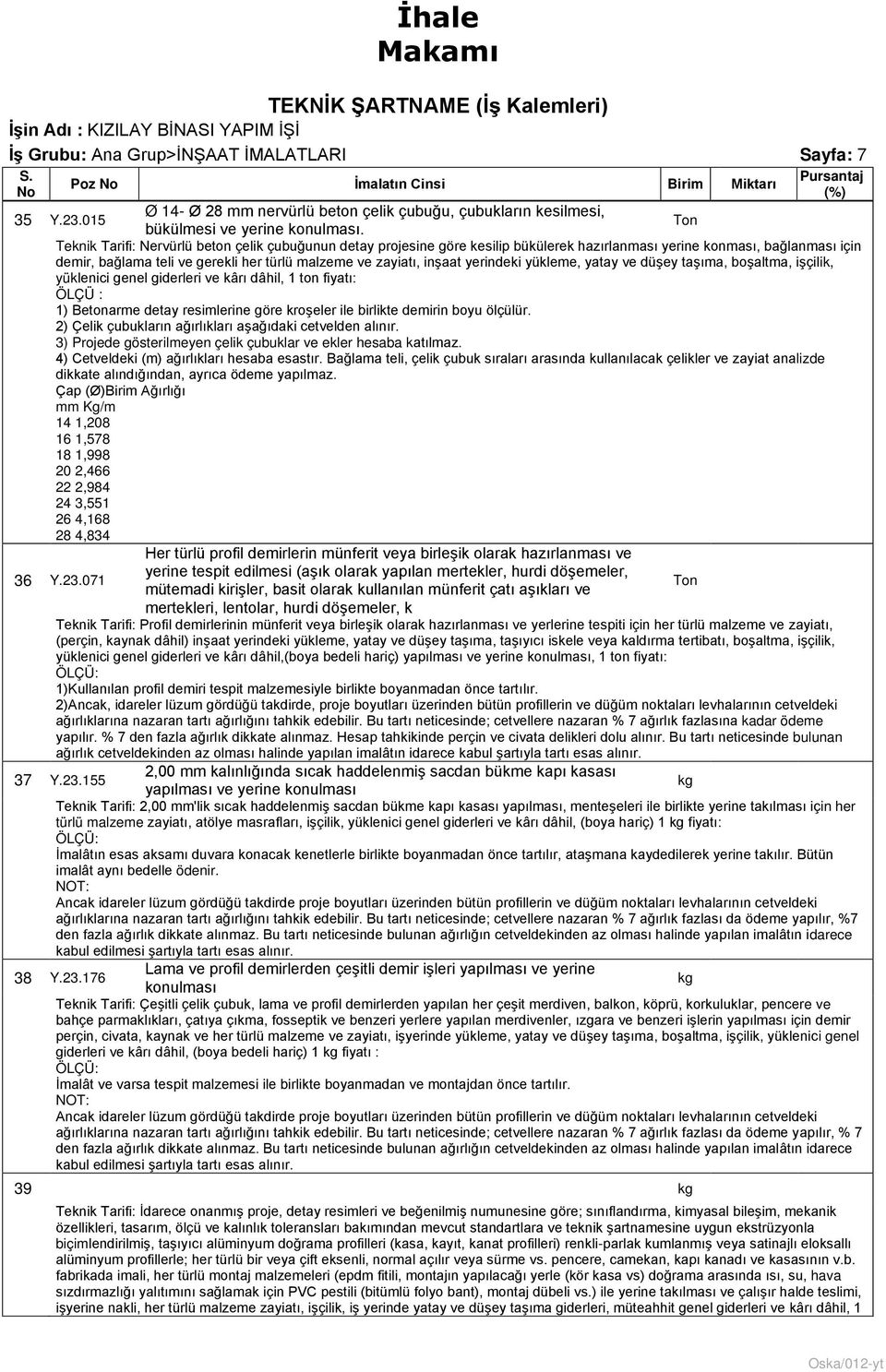 yerindeki yükleme, yatay ve düşey taşıma, boşaltma, işçilik, yüklenici genel giderleri ve kârı dâhil, 1 ton fiyatı: ÖLÇÜ : 1) Betonarme detay resimlerine göre kroşeler ile birlikte demirin boyu