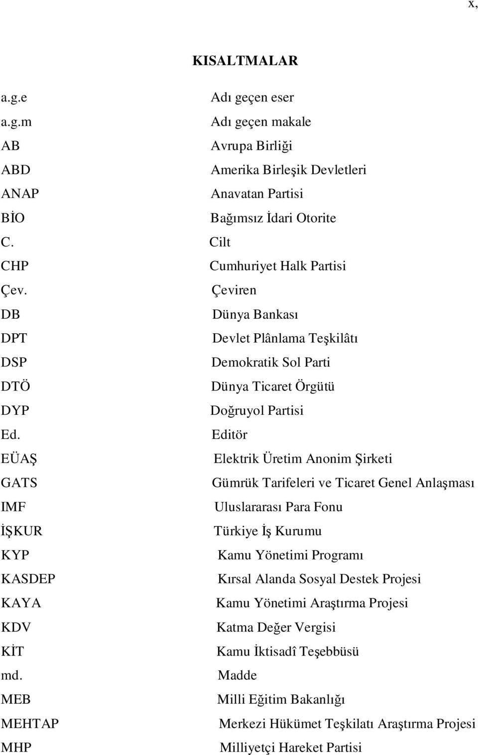 Editör EÜAŞ Elektrik Üretim Anonim Şirketi GATS Gümrük Tarifeleri ve Ticaret Genel Anlaşması IMF Uluslararası Para Fonu İŞKUR Türkiye İş Kurumu KYP Kamu Yönetimi Programı KASDEP Kırsal