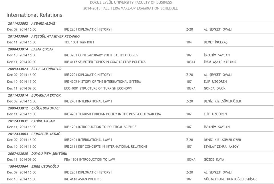 AŞKAR KARAKIR 2009433023 BİLGE SAYINBATUR Dec 09, 2014 16:00 IRE 2201 DIPLOMATIC HISTORY I Z-20 ALİ ŞEVKET OVALI Dec 10, 2014 16:00 IRE 4202 HISTORY OF THE INTERNATIONAL SYSTEM 107 ELİF UZGÖREN Dec