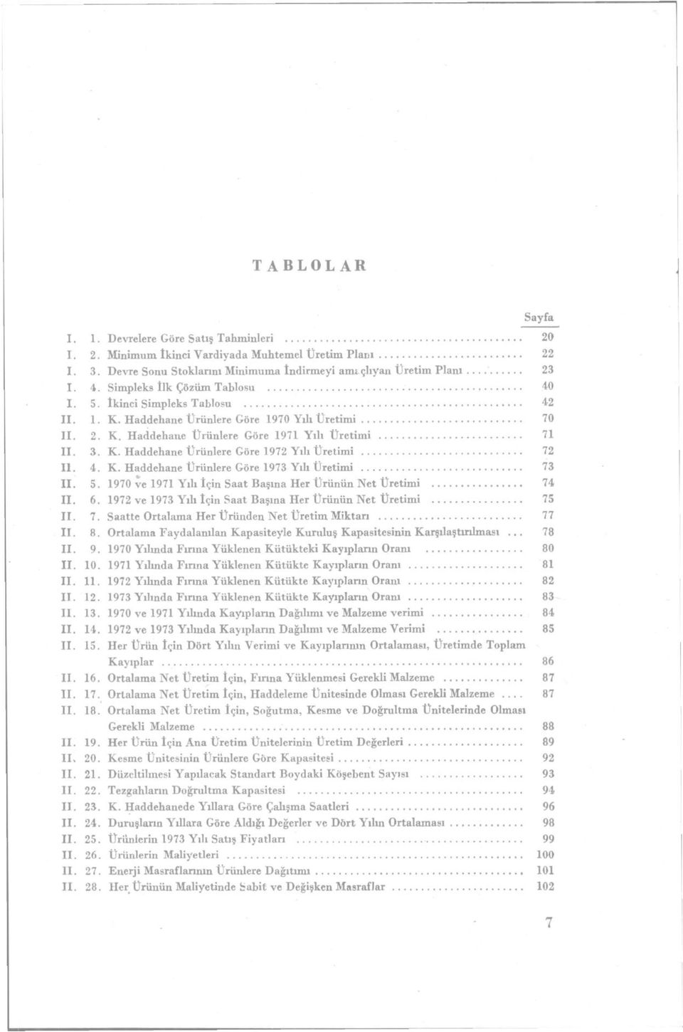 4. K. Haddehane Ürünlere Göre 1973 Yılı Üretimi 73 II. 5. 1970 ve 1971 Yılı için Saat Başına Her Ürünün Net Üretimi 74 II. 6. 1972 ve 1973 Yılı için Saat Başına Her Ürünün Net Üretimi 75 II. 7. Saatte Ortalama Her Üründen Net Üretim Miktarı 77 II.