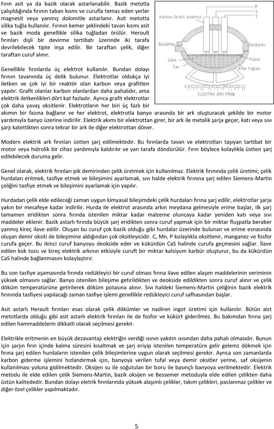 Heroult fırınları dişli bir devirme tertibatı üzerinde iki tarafa devrilebilecek tipte inşa edilir. Bir taraftan çelik, diğer taraftan curuf alınır. Genellikle fırınlarda üç elektrot kullanılır.