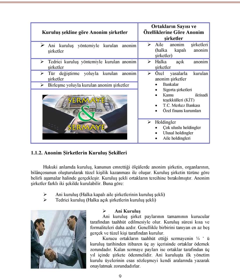 anonim şirketler Bankalar Sigorta şirketleri Kamu iktisadi teşekkülleri (KİT) T.C. Merkez Bankası Özel finans kurumları Holdingler Çok uluslu holdingler Ulusal holdingler Aile holdingleri 1.1.2.