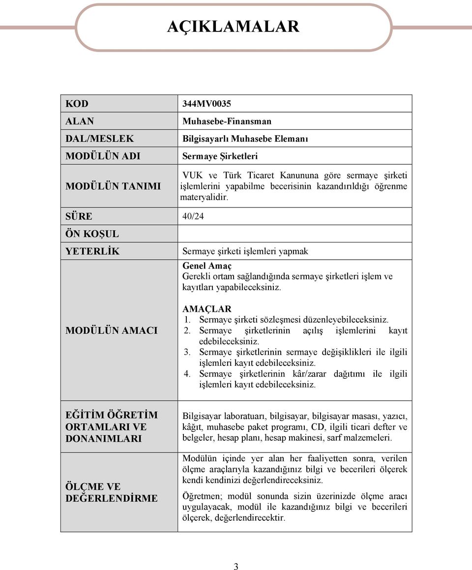 SÜRE 40/24 ÖN KOŞUL YETERLİK Sermaye şirketi işlemleri yapmak Genel Amaç Gerekli ortam sağlandığında sermaye şirketleri işlem ve kayıtları yapabileceksiniz. MODÜLÜN AMACI AMAÇLAR 1.