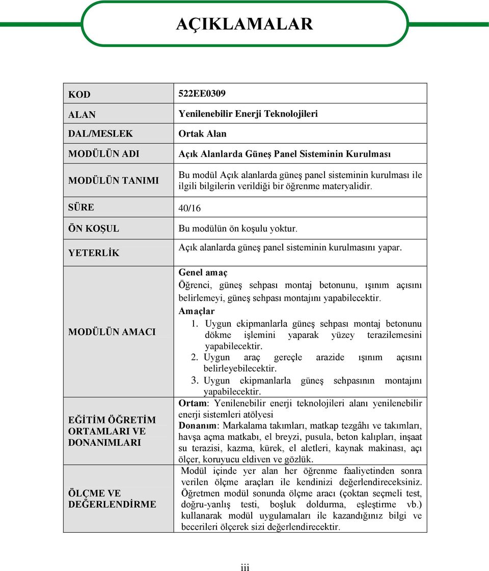 SÜRE 40/16 ÖN KOŞUL YETERLİK MODÜLÜN AMACI EĞİTİM ÖĞRETİM ORTAMLARI VE DONANIMLARI ÖLÇME VE DEĞERLENDİRME Bu modülün ön koşulu yoktur. Açık alanlarda güneş panel sisteminin kurulmasını yapar.