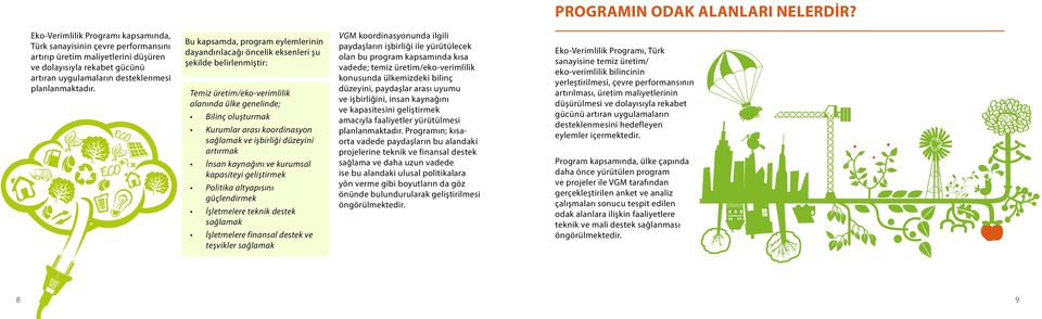 Bu kapsamda, program eylemlerinin dayandırılacağı öncelik eksenleri şu şekilde belirlenmiştir: Temiz üretim/eko-verimlilik alanında ülke genelinde; Bilinç oluşturmak Kurumlar arası koordinasyon