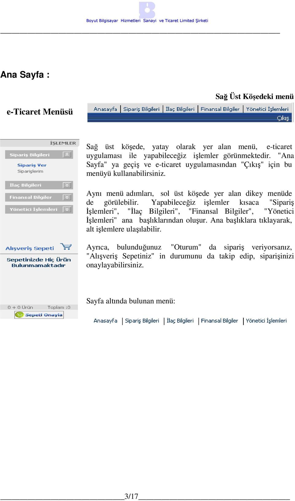 Yapabileceğiz işlemler kısaca "Sipariş İşlemleri", "İlaç Bilgileri", "Finansal Bilgiler", "Yönetici İşlemleri" ana başlıklarından oluşur.